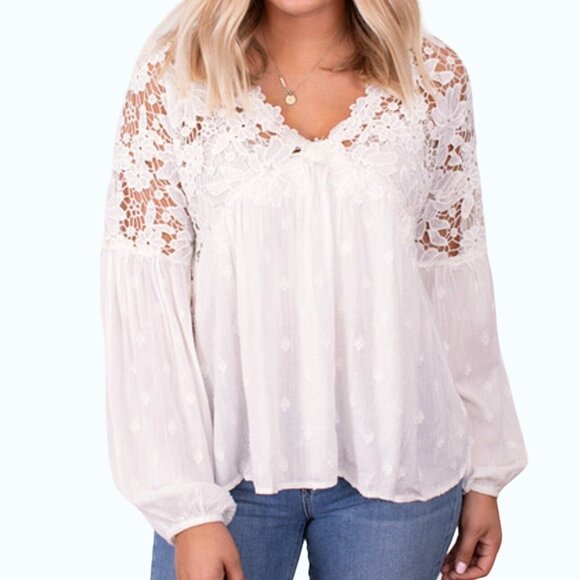 Free People Lina Lace Boho Flowy Top with Puff Sleeves Size Small - Picture 1 of 12